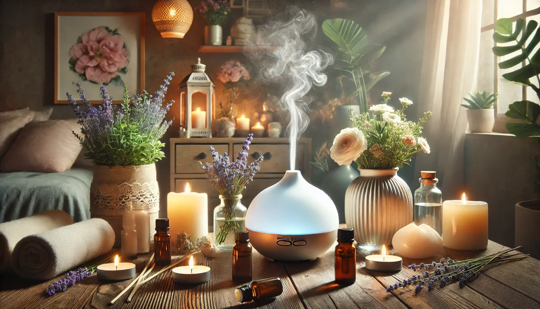 A calming image of a diffuser emitting a soft mist of essential oils, surrounded by candles, soft lighting, and plants in a cozy, peaceful environment, such as a living room or bedroom. The scene includes bottles of essential oils like lavender or peppermint, along with natural elements like flowers and wooden surfaces, emphasizing relaxation and the theme of natural wellness.