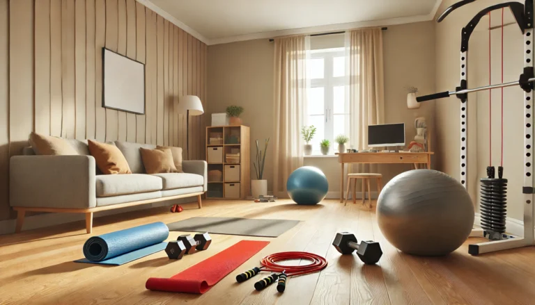 A clean and modern home gym setup in a sunlit room with light wood flooring. Equipment such as red resistance bands, a blue yoga mat, small dumbbells, a stability ball, and a jump rope is neatly organized. The space is decorated in warm neutral colors, giving it an inviting and practical feel.