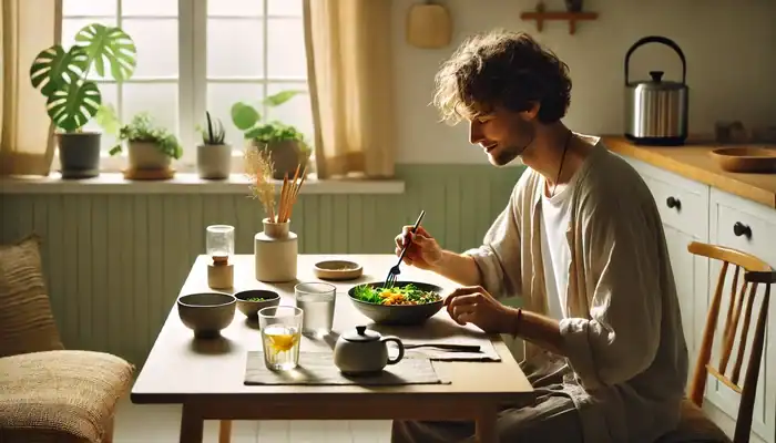 A person sits alone at a small, tidy dining table, calmly eating a colorful meal with a fork. Natural daylight fills the space, which features soft, earthy tones and minimal decor. The table includes a bowl of vibrant vegetables, a glass of water with lemon, and a small flower vase. The person is fully present, without any distractions, evoking a sense of mindfulness and peace.