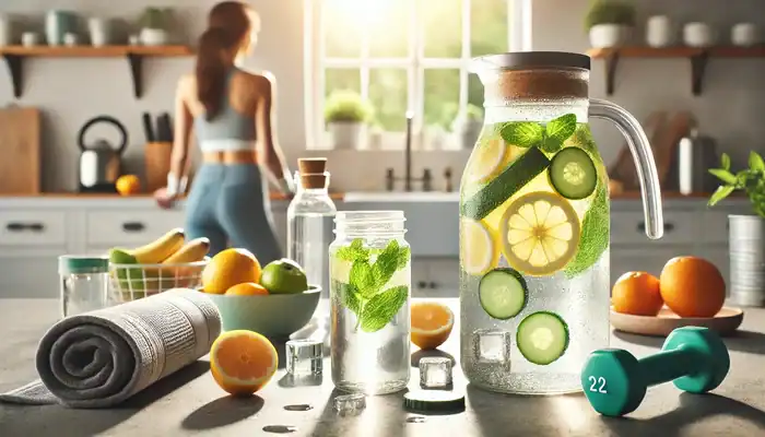 A modern, sunlit kitchen features a clear glass pitcher of infused water with lemon slices, mint leaves, and cucumber floating inside. Water droplets and ice add a cool, refreshing vibe. On the counter nearby are a rolled yoga mat, small dumbbells, a white fitness towel, and a fruit bowl. A softly blurred person stands in the background. The scene feels light, clean, and health-focused.