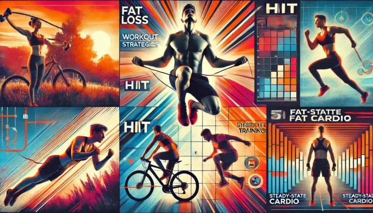 A high-energy fitness collage centered on a fit individual sprinting, with split scenes around them: one with burpees (HIIT), another with dumbbell lifts (Strength Training), a stylized visual of circuit stations (Circuit Training), a person cycling outdoors (Steady-State Cardio), and a close-up of push-ups beside a smartwatch (Tabata). The composition is bold and vibrant with intense oranges, reds, and blues against a dark background, conveying action and focus.