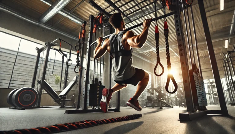 An action shot of a person using underrated gym machines like a landmine attachment, reverse hyperextension machine, or battle ropes. The individual is performing an exercise with perfect form, emphasizing strength and movement. The setting is a clean, well-lit gym with modern equipment, highlighting the versatility and effectiveness of these tools, conveying focus, effort, and determination.