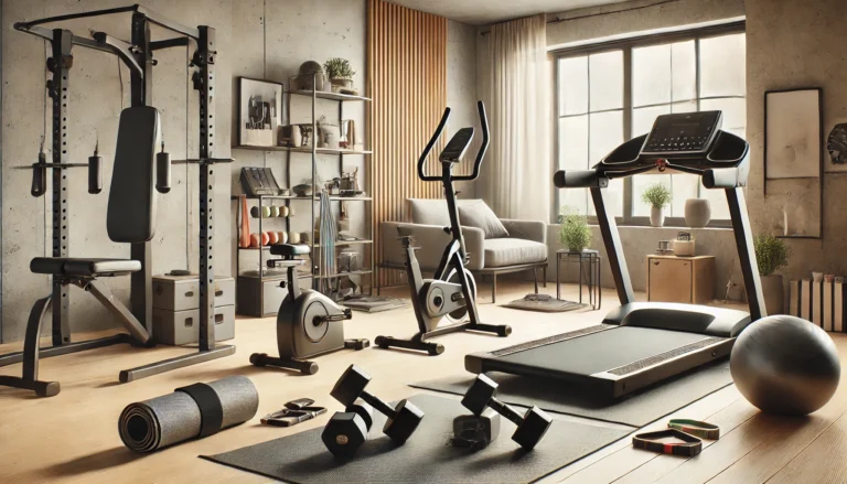A well-organized home gym setup featuring adjustable dumbbells, resistance bands, a yoga mat, and a foldable treadmill arranged neatly in a small, modern space. The gym is bright and inviting with large windows, creating a comfortable atmosphere for home workouts. The image conveys versatility, space efficiency, and practicality, highlighting compact gym equipment suitable for various fitness goals.