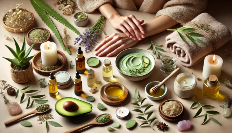 A serene and earthy skincare scene featuring close-up hands applying natural products like facial oils or masks, surrounded by raw ingredients such as aloe vera, avocado, honey, and herbs. Crystals and calming candles are included, adding to the holistic atmosphere. Soft, warm lighting and natural tones like greens, beige, and light wood create a peaceful ambiance. A person with a relaxed expression engages in the skincare routine, reinforcing wellness and mindfulness.
