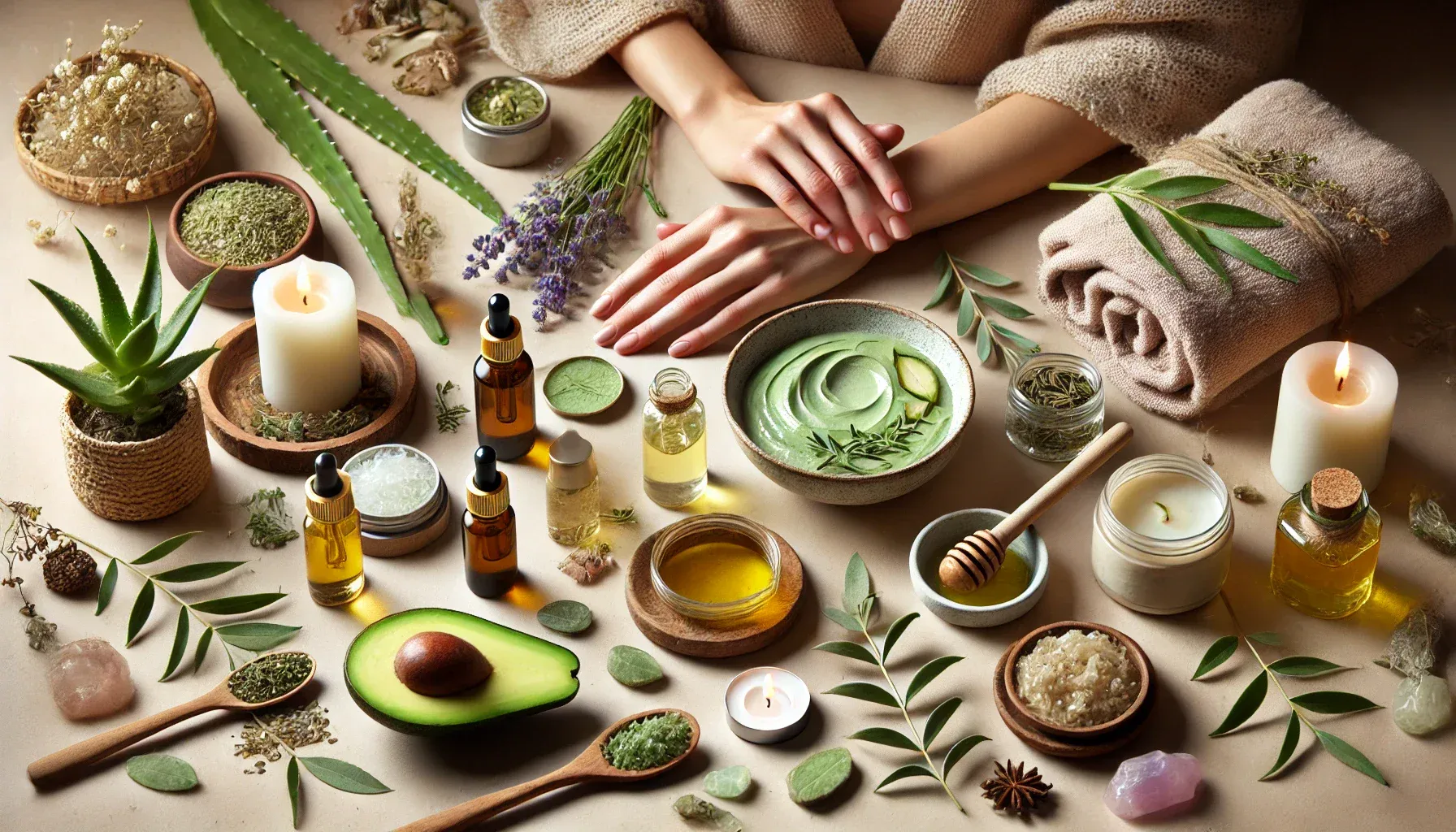 A serene and earthy skincare scene featuring close-up hands applying natural products like facial oils or masks, surrounded by raw ingredients such as aloe vera, avocado, honey, and herbs. Crystals and calming candles are included, adding to the holistic atmosphere. Soft, warm lighting and natural tones like greens, beige, and light wood create a peaceful ambiance. A person with a relaxed expression engages in the skincare routine, reinforcing wellness and mindfulness.