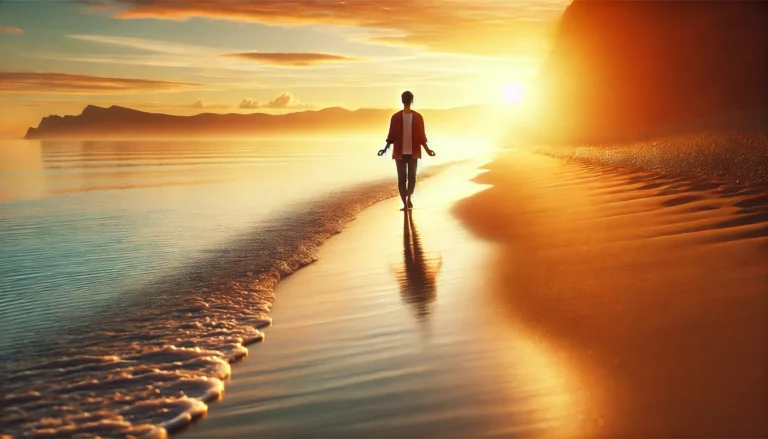 A person walking along a peaceful beach at sunrise or sunset, practicing mindful breathing or enjoying the natural surroundings. The warm colors of the sky and gentle waves evoke tranquility and balance, reflecting the integration of physical, mental, and emotional well-being. The scene conveys calm, self-care, and connection with nature, creating an atmosphere of peace and wellness.