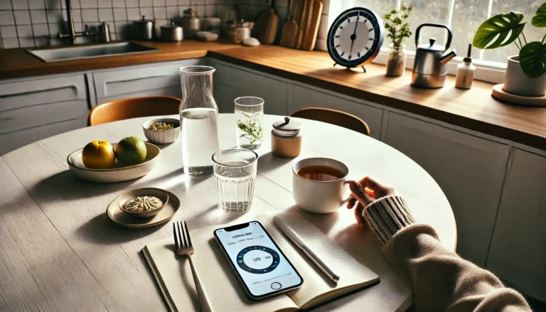 A serene dining space with soft daylight highlighting a glass of water, a mug of tea, and a visible smartphone displaying a “fasting in progress” screen. A journal sits open with a hand holding a pen. A modern wall clock in the distance shows the passage of time. Light wood tones, a neat surface, and optional items like lemon slices and a simple plate with food create a tranquil and wellness-focused environment.