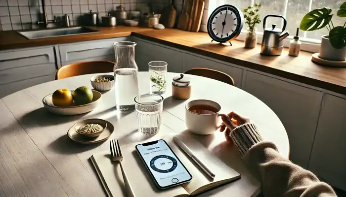 A serene dining space with soft daylight highlighting a glass of water, a mug of tea, and a visible smartphone displaying a “fasting in progress” screen. A journal sits open with a hand holding a pen. A modern wall clock in the distance shows the passage of time. Light wood tones, a neat surface, and optional items like lemon slices and a simple plate with food create a tranquil and wellness-focused environment.