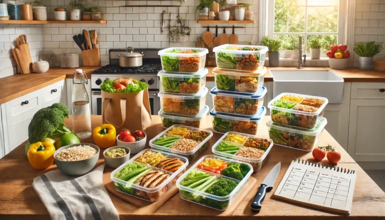 An organized, well-lit kitchen setup features multiple clear containers filled with colorful meal prep portions. Each container is divided and labeled, showcasing vibrant ingredients. A grocery bag filled with greens, a wooden chopping board, and a meal plan sheet sit on the counter. The surrounding space is tidy with minimal clutter, evoking a sense of healthy routine and preparation for the week.