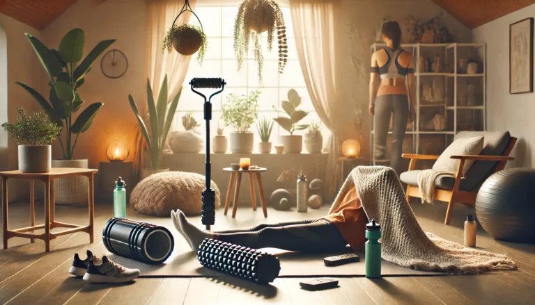 A serene scene featuring a selection of recovery tools such as a massage gun, foam roller, weighted blanket, and compression gear. A person in activewear is using these tools in a calm environment, like a home gym or living room, for post-workout recovery. Soft lighting and soothing elements like plants and calming decor enhance the restful atmosphere. Subtle cues like water bottles, a yoga mat, or a fitness tracker link the tools to recovery and a balanced weight loss routine. The overall vibe is peaceful and rejuvenating.
