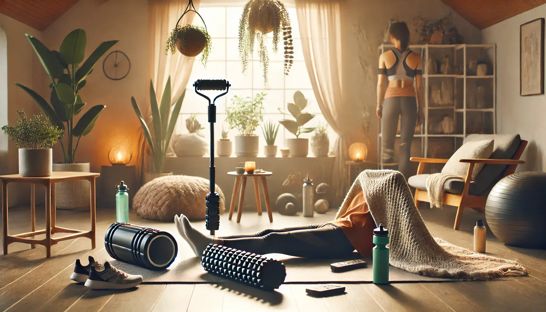 A serene scene featuring a selection of recovery tools such as a massage gun, foam roller, weighted blanket, and compression gear. A person in activewear is using these tools in a calm environment, like a home gym or living room, for post-workout recovery. Soft lighting and soothing elements like plants and calming decor enhance the restful atmosphere. Subtle cues like water bottles, a yoga mat, or a fitness tracker link the tools to recovery and a balanced weight loss routine. The overall vibe is peaceful and rejuvenating.