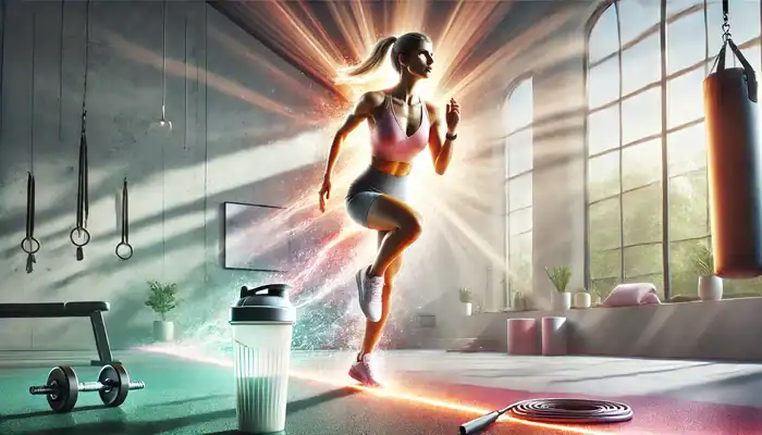 An athletic woman performs a mid-cardio workout in a bright, modern room lit by sunrise-style lighting. She appears focused and energized, with a light glow surrounding her. Fitness accessories like a yoga mat, towel, jump rope, and shaker bottle are placed nearby. The space features energetic colors—pinks, oranges, and light greens—creating a motivational, wellness-driven atmosphere. it's a EHPlabs OxyShred Review