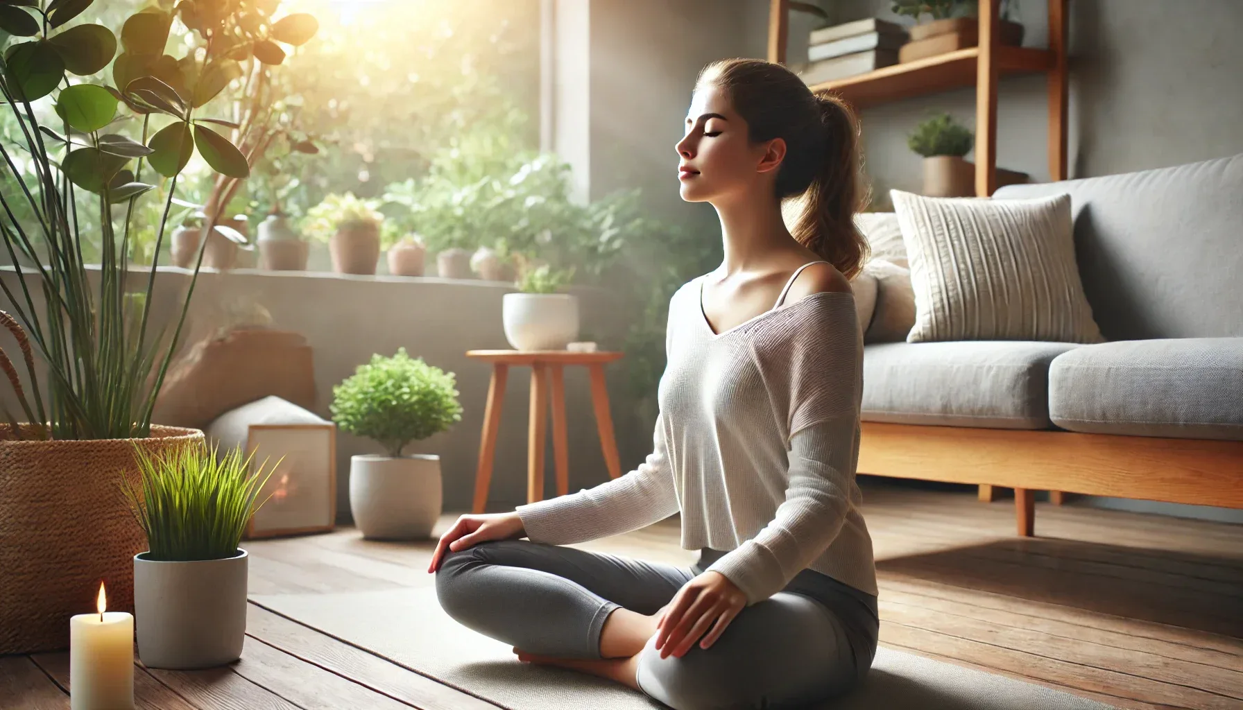 A person practicing breathwork for stress relief, sitting cross-legged with their eyes closed in a serene environment. Soft natural lighting and natural elements like plants surround the individual, creating a relaxing and mindful atmosphere. The scene represents the positive effects of breathwork on reducing stress and promoting overall well-being.