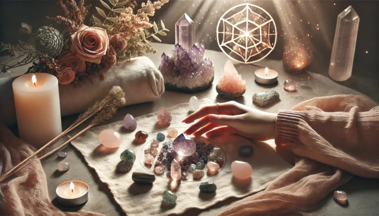 A calming image showing a hand gently holding or arranging healing crystals like amethyst, rose quartz, citrine, and black tourmaline on a soft, neutral-toned cloth. Soft lighting and candles enhance the tranquil, healing energy of the scene. Alternatively, the image could show a crystal grid arranged in a sacred geometric pattern, surrounded by natural elements like plants or flowers, with a faint light or aura effect around the crystals to symbolize energy flow and balance.