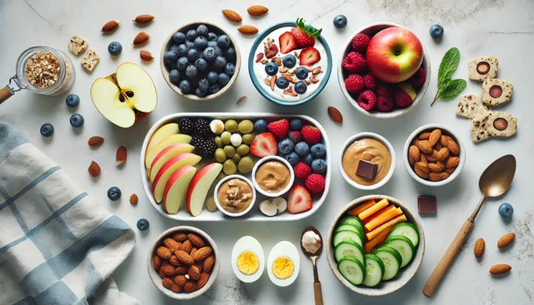 A flat lay on a light wooden table featuring balanced snack options: sliced apple with almond butter, halved hard-boiled eggs, a bowl of yogurt and berries, veggie sticks with hummus, and mixed nuts with dark chocolate. The image is bright, minimalistic, and visually organized, emphasizing freshness and simplicity.