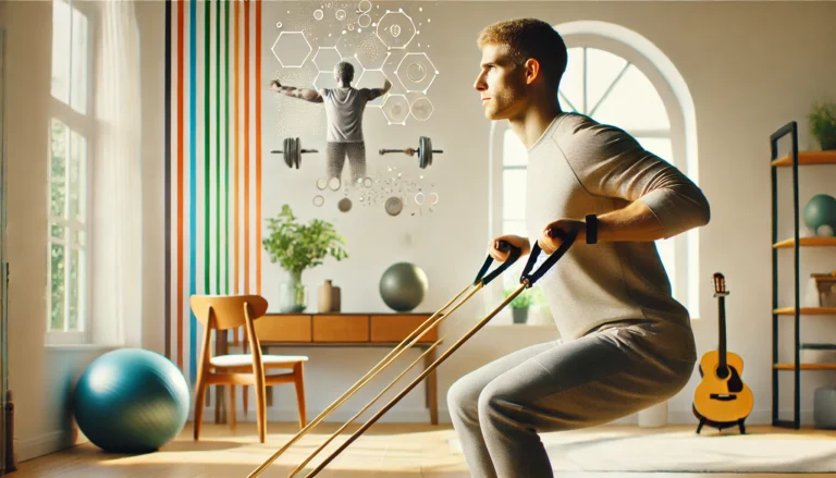 A person is performing a strength training exercise at home using resistance bands. They could be doing an upper body exercise like bicep curls, rows, or shoulder presses, or a lower body exercise like squats or glute bridges. The background features a clean, compact home gym space or a minimalist indoor setting, showing how easily resistance bands can be incorporated into small apartments or rooms. Various resistance bands in the background, with different colors and thicknesses, highlight their versatility and adjustable resistance. The lighting is natural and bright, creating an energetic atmosphere. The person looks focused, engaged, and confident, reflecting the positive impact of resistance band training.
