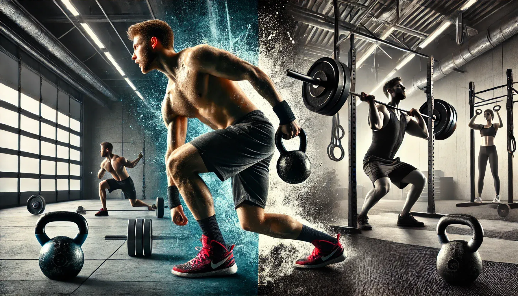 A split-image design with two workout activities. On the left, a person performs high-intensity kettlebell exercises, such as swings, snatches, or cleans, emphasizing dynamic, explosive movements and muscle engagement in the legs, arms, and core. On the right, a person is lifting heavy barbells with controlled form, performing exercises like squats, deadlifts, or bench presses, focusing on strength training and larger muscle group engagement. The gym setting is clean, modern, and spacious, with clear contrasts between the high-energy kettlebell side and the focused barbell side.