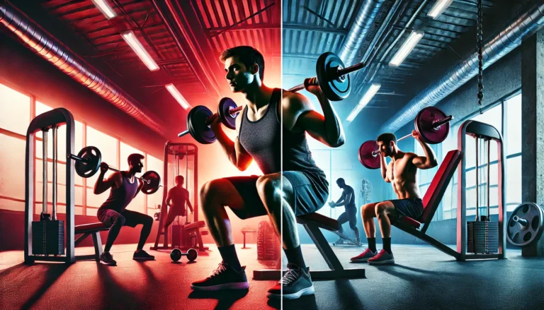 A split-image design with two sides. On the left, a person is performing a dynamic, compound exercise using dumbbells, such as a squat or bench press. On the right, another person is engaged in an isolation exercise using a machine, like a leg press or chest press. Both individuals are focused, with the image highlighting the contrast between free movement (dumbbells) and controlled movement (machines). The gym scene is illuminated with vibrant lighting, adding energy to the workout environment.