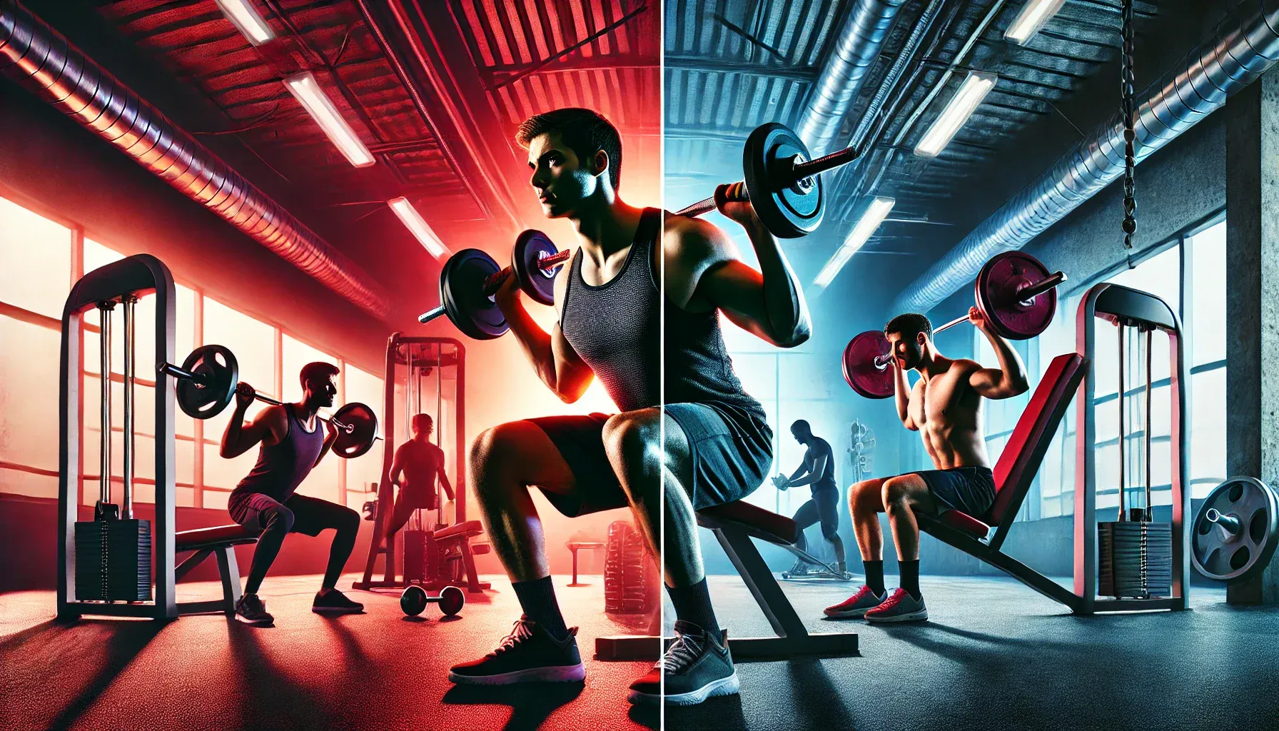 A split-image design with two sides. On the left, a person is performing a dynamic, compound exercise using dumbbells, such as a squat or bench press. On the right, another person is engaged in an isolation exercise using a machine, like a leg press or chest press. Both individuals are focused, with the image highlighting the contrast between free movement (dumbbells) and controlled movement (machines). The gym scene is illuminated with vibrant lighting, adding energy to the workout environment.