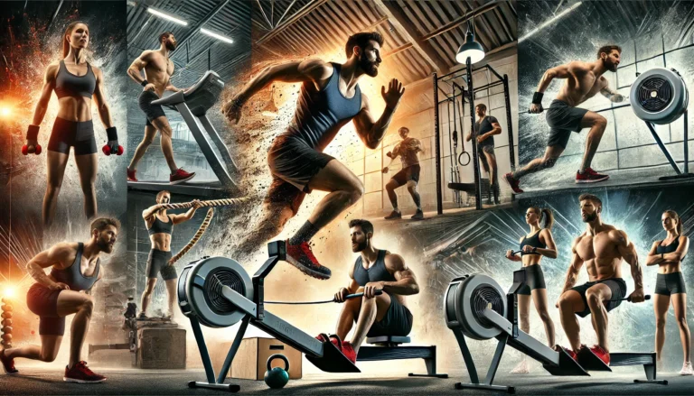 A dynamic scene of multiple athletes in action using gym equipment. One athlete is sprinting on a treadmill, another is rowing intensely, while a third is performing kettlebell swings. Battle ropes are being used for HIIT, and additional athletes are seen doing bench presses and box jumps. The gym setting is energetic and focused, emphasizing strength training, fat-burning, and cardiovascular benefits.