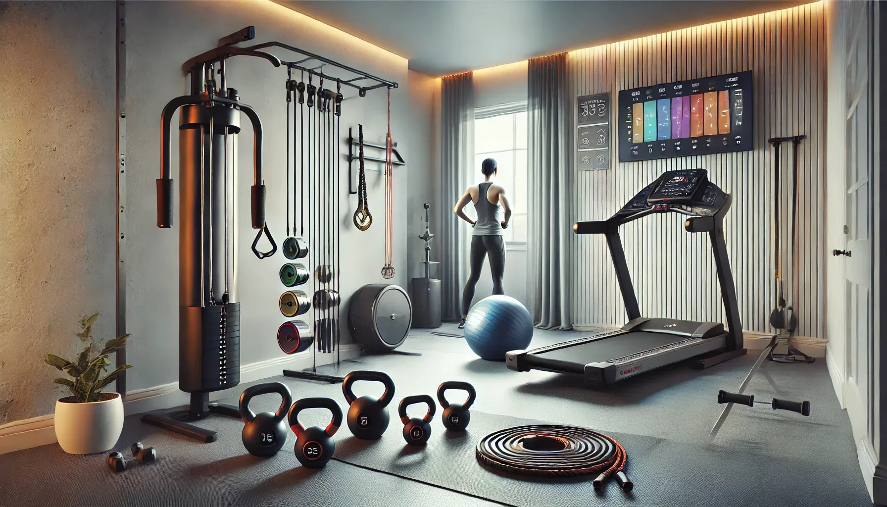 A modern home gym setup with a combination of fitness equipment. Adjustable dumbbells and kettlebells are placed on the left side, showcasing their strength and versatility. Resistance bands are neatly hung or placed nearby, emphasizing portability and convenience. In the background, a foldable treadmill is visible, emphasizing space efficiency for home workouts. A jump rope or battle rope is coiled in the corner for high-intensity exercises. A stability ball and foam roller are placed strategically for balance and recovery exercises. A doorway pull-up bar is seen on the door frame, adding a strength-training element. The gym has a fresh, vibrant atmosphere, with a person actively using the equipment for exercises, such as lower body resistance band workouts, treadmill running, and kettlebell swings. The overall image is clean, balanced, and motivating.
