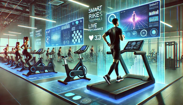 A modern gym with an individual using various high-tech fitness equipment. On the left, the person runs on a smart treadmill with an interactive display showing metrics. In the center, they use a smart bike with visible performance data. The individual wears a fitness tracker on their wrist, and on the right, they are fully engaged in a VR workout. The scene features vibrant lighting and sleek equipment, showcasing the blend of technology and fitness in a futuristic, dynamic gym environment.
