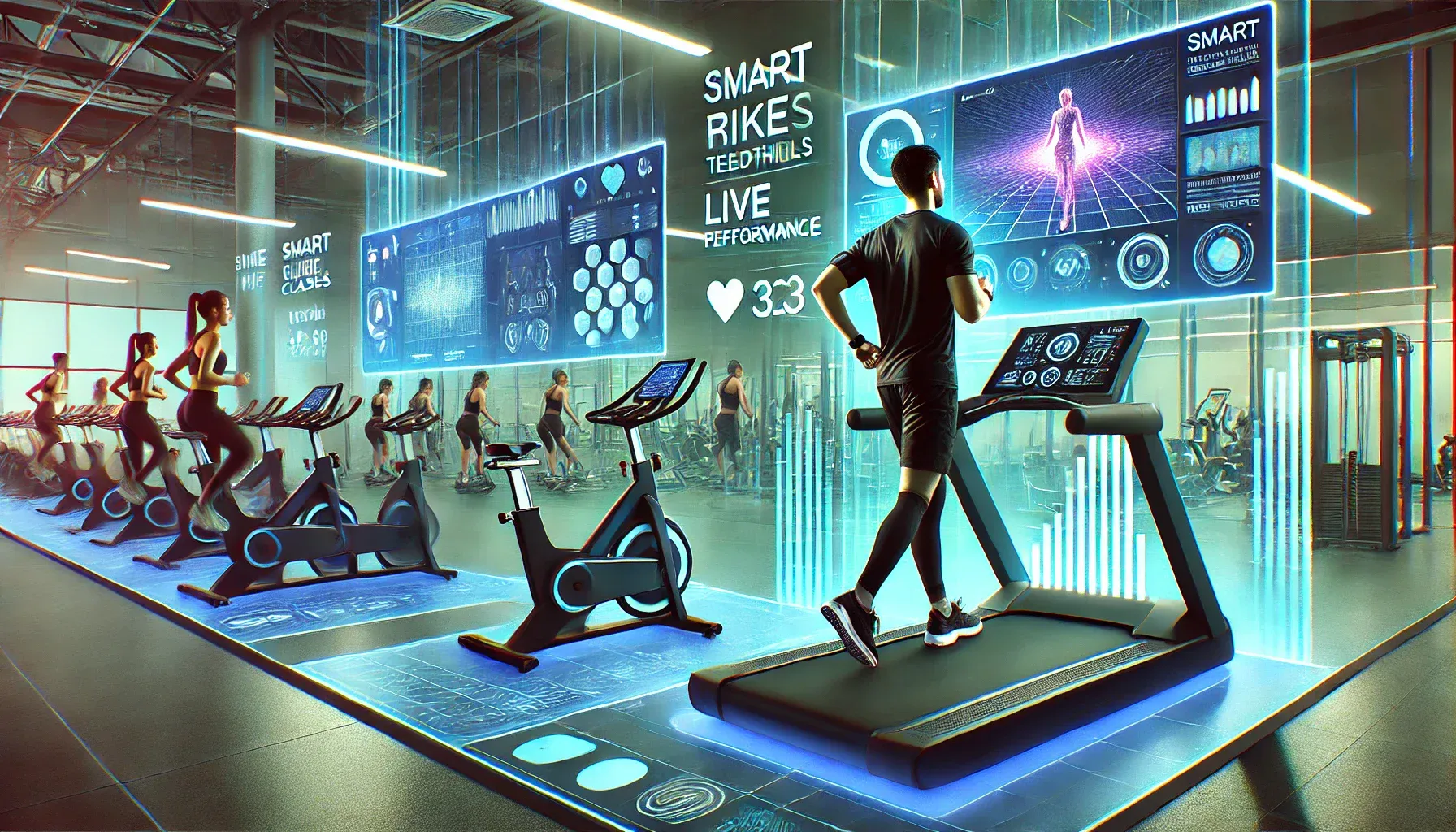 A modern gym with an individual using various high-tech fitness equipment. On the left, the person runs on a smart treadmill with an interactive display showing metrics. In the center, they use a smart bike with visible performance data. The individual wears a fitness tracker on their wrist, and on the right, they are fully engaged in a VR workout. The scene features vibrant lighting and sleek equipment, showcasing the blend of technology and fitness in a futuristic, dynamic gym environment.