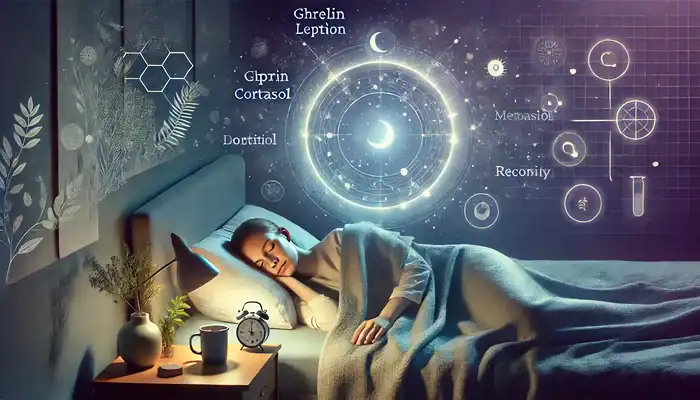 A calm individual sleeps soundly in a cozy bedroom at night, bathed in soft moonlight and ambient lighting. The body is covered by a weighted blanket, with no face shown. Soft glowing overlays around the sleeper include icons for hormones (ghrelin, leptin, cortisol) and gentle arrows suggesting fat-burning and metabolic activity. A sleep tracker sits on the nightstand, and a mug of herbal tea adds a natural, calming touch. The scene features cool, restful tones of deep blue, lavender, and soft white, evoking peaceful sleep and nighttime recovery.