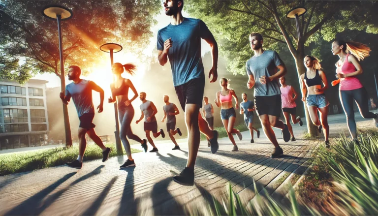 A dynamic outdoor scene of a diverse group of individuals jogging or participating in fitness activities, symbolizing health, vitality, and an active lifestyle. The scene takes place in a park, urban trail, or scenic path, with people of varying ages and backgrounds. The image highlights movement, strength, and wellness, conveying energy, focus, and inclusivity, with a sense of commitment to both physical and mental well-being.