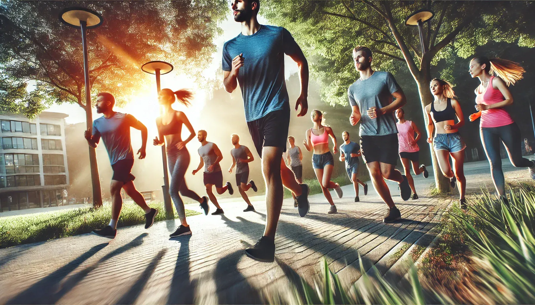 A dynamic outdoor scene of a diverse group of individuals jogging or participating in fitness activities, symbolizing health, vitality, and an active lifestyle. The scene takes place in a park, urban trail, or scenic path, with people of varying ages and backgrounds. The image highlights movement, strength, and wellness, conveying energy, focus, and inclusivity, with a sense of commitment to both physical and mental well-being.