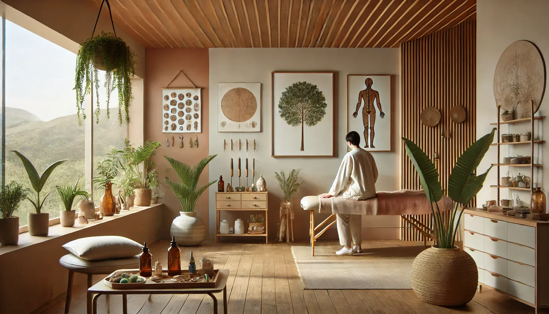 A serene wellness clinic environment featuring earthy tones and natural elements like plants. A practitioner is providing a natural therapy treatment, such as acupuncture or a massage, to a client. The space includes wellness tools like essential oils, herbal remedies, and acupuncture needles. The atmosphere is calm and inviting, symbolizing a holistic approach to health and well-being. The treatment emphasizes relaxation and mindfulness in a peaceful setting.