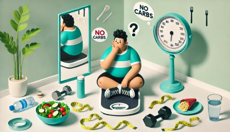A puzzled individual sits on a scale in a clean, minimal bedroom setting, surrounded by symbolic props: a salad bowl, dumbbells, a measuring tape around their waist, a plate labeled “no carbs,” a food scale, and a smartphone open to a fitness app. The person’s expression shows confusion, suggesting frustration with mixed weight loss advice. The color scheme features soft neutrals with hints of blue, red, and green.