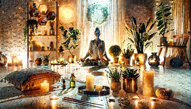 A peaceful space with elements like candles, essential oils, and plants. A person is in a meditative posture or performing Pranic Healing techniques, such as energy cleansing or chakra balancing. Soft lighting and a soothing atmosphere emphasize the holistic and non-invasive nature of Pranic Healing, creating an environment focused on relaxation, mindfulness, and well-being.