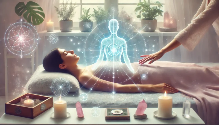 A serene, calming environment with a person lying in a peaceful, meditative position, surrounded by soft lighting and glowing energy symbols like a Reiki aura. The practitioner's hands hover just above the person, symbolizing the energy healing process. Candles, crystals, and plants subtly enhance the holistic atmosphere, with soft pastel tones like light blue and lavender creating a peaceful vibe, reflecting Reiki healing and energy balance.