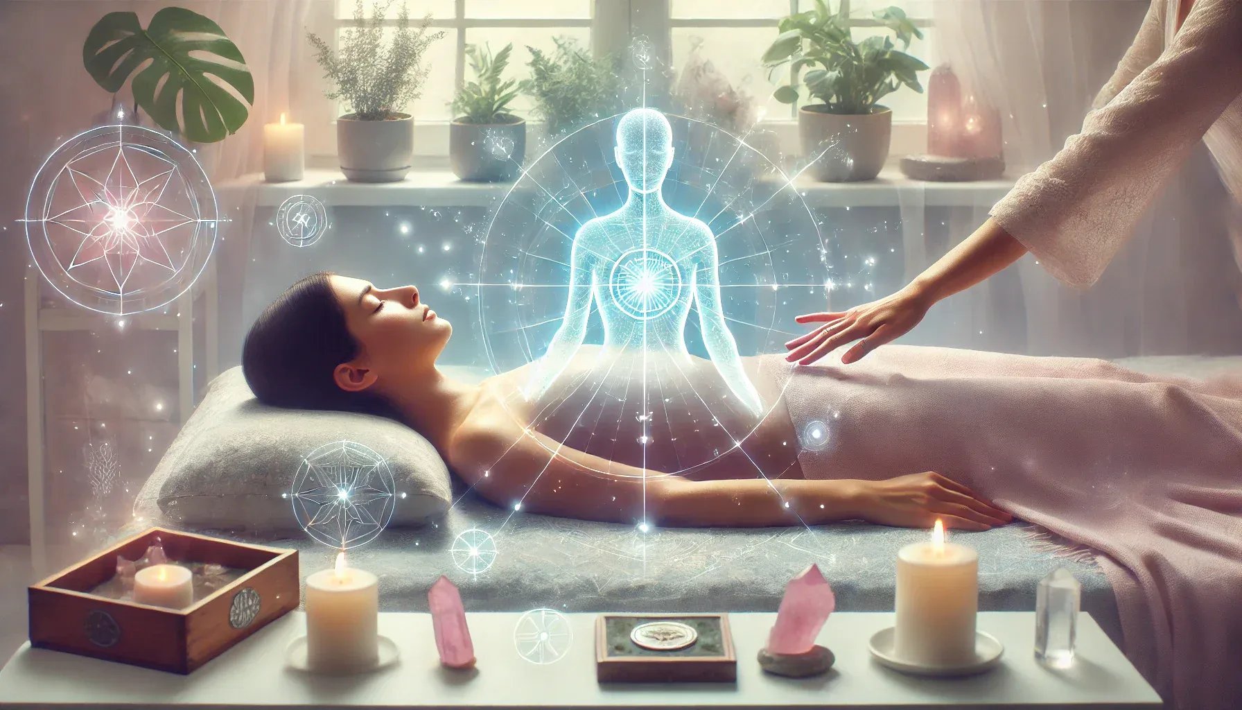 A serene, calming environment with a person lying in a peaceful, meditative position, surrounded by soft lighting and glowing energy symbols like a Reiki aura. The practitioner's hands hover just above the person, symbolizing the energy healing process. Candles, crystals, and plants subtly enhance the holistic atmosphere, with soft pastel tones like light blue and lavender creating a peaceful vibe, reflecting Reiki healing and energy balance.