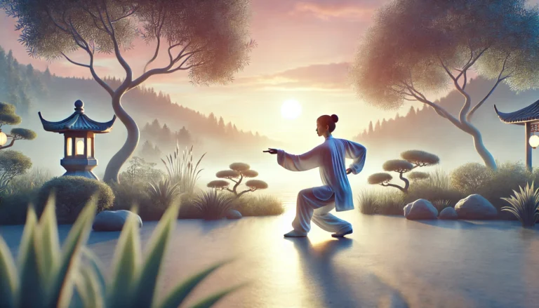 A person performing Tai Chi in a serene outdoor setting at sunrise or sunset. The individual is engaged in slow, fluid movements, with a focus on their hands or posture, embodying peacefulness and balance. The background features natural elements like trees, water, or a calm garden, and soft lighting with pastel tones evokes a sense of calm, symbolizing the healing and restorative nature of Tai Chi. The scene reflects mental and physical well-being and a deep connection with nature.