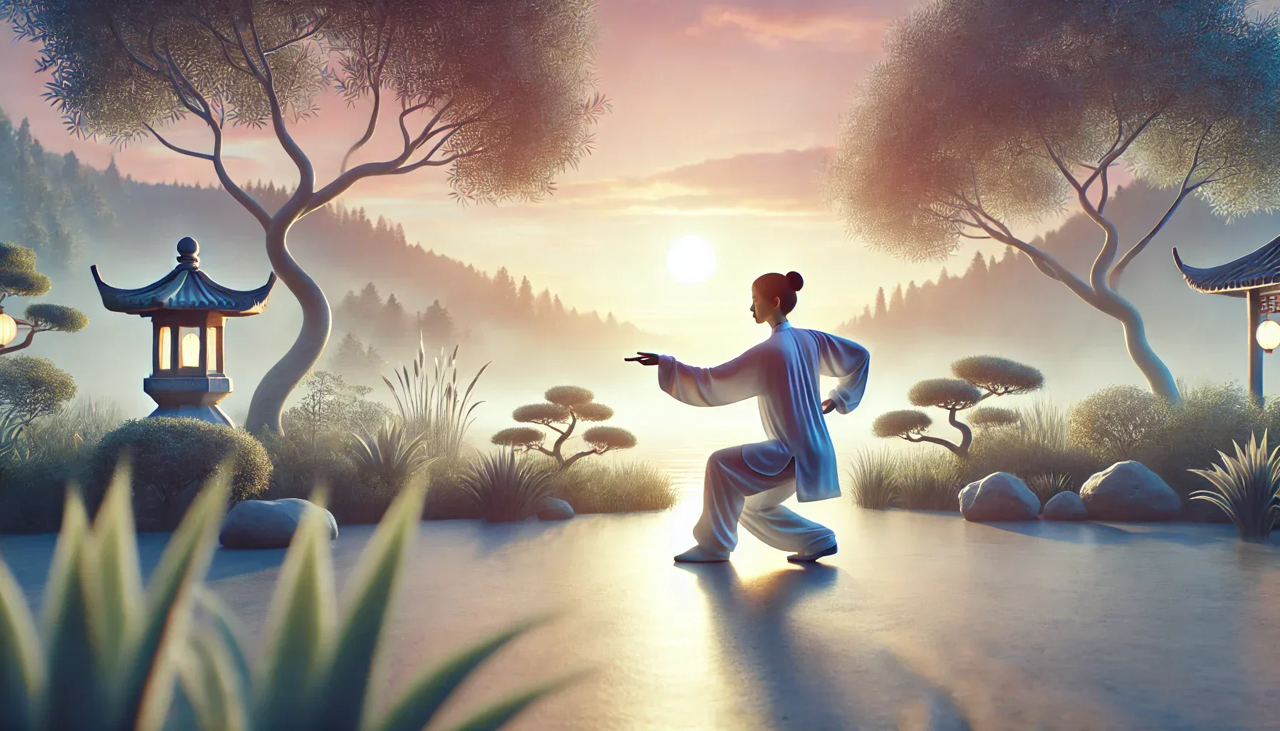 A person performing Tai Chi in a serene outdoor setting at sunrise or sunset. The individual is engaged in slow, fluid movements, with a focus on their hands or posture, embodying peacefulness and balance. The background features natural elements like trees, water, or a calm garden, and soft lighting with pastel tones evokes a sense of calm, symbolizing the healing and restorative nature of Tai Chi. The scene reflects mental and physical well-being and a deep connection with nature.