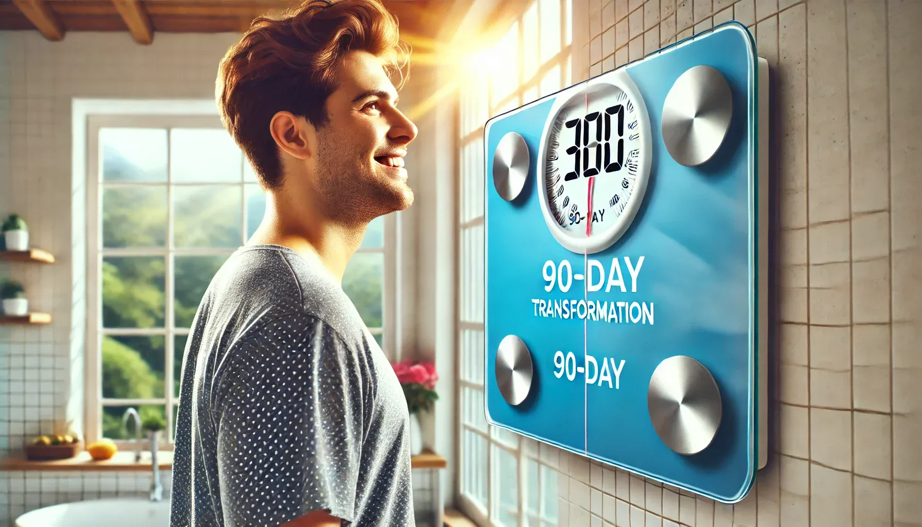 A person standing on a digital bathroom scale in a bright, uplifting bathroom setting after completing a weight loss transformation. The individual appears confident and happy, showcasing their progress after a 90-day transformation. Natural light streams in, emphasizing positivity and energy. The focus is on the scale, capturing the person's sense of accomplishment and self-confidence.