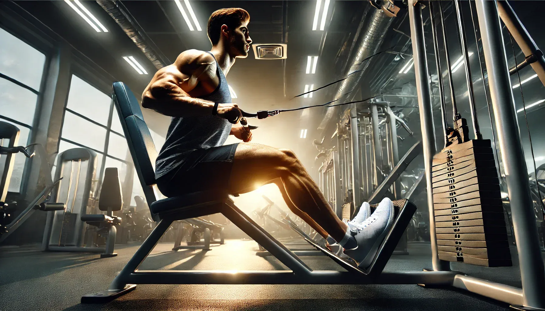 A person using a gym machine, such as a cable machine, rowing machine, or leg press machine, with a focus on muscle engagement. The individual performs an exercise like a seated row or leg press, showcasing visible muscle activation. The gym is modern and well-lit, with multiple machines in the background, but the main subject is front and center, emphasizing the connection between gym equipment and achieving fitness goals.
