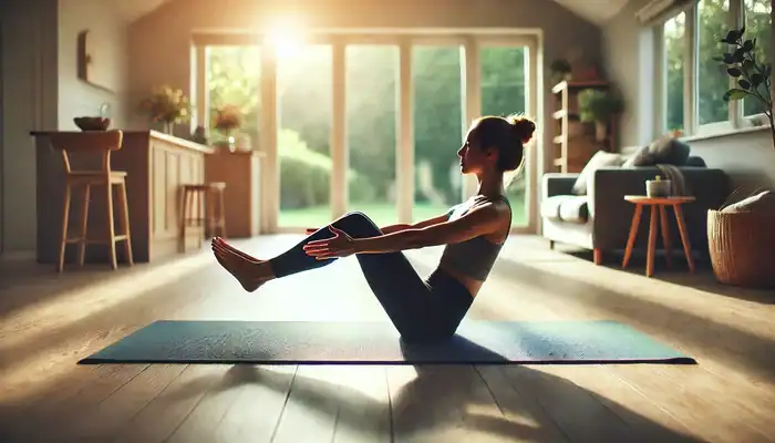 A person practicing Boat Pose (Navasana) on a yoga mat in a serene indoor or outdoor setting, such as a sunlit park or peaceful home yoga space. The individual is in a full V-shape, with legs lifted and arms extended parallel to the floor, demonstrating core strength and engagement. The image conveys focus and concentration, with soft natural lighting and a calm background, evoking a sense of mindfulness and balance in the pose.
