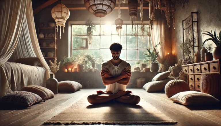 A person practicing Butterfly Pose (Baddha Konasana) while seated with feet together, knees dropped outward, and a relaxed expression, focusing on their breath. The setting is tranquil, with soft lighting and natural elements, conveying a sense of calm and mindfulness. The surroundings emphasize the therapeutic and grounding qualities of the pose.