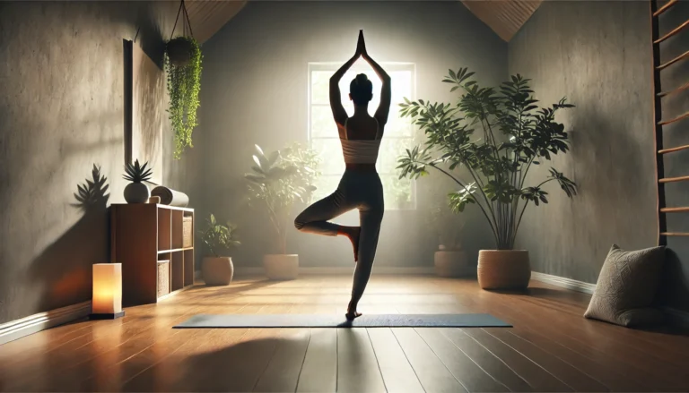 A person practicing Eagle Pose (Garudasana) in a peaceful indoor yoga studio, standing on one leg with arms wrapped in the signature Eagle pose. The individual demonstrates balance, strength, and focus. Soft lighting creates a calm ambiance, and the serene background includes a yoga mat and potted plants, symbolizing strength, flexibility, and concentration. The peaceful atmosphere emphasizes mindfulness and inner strength.