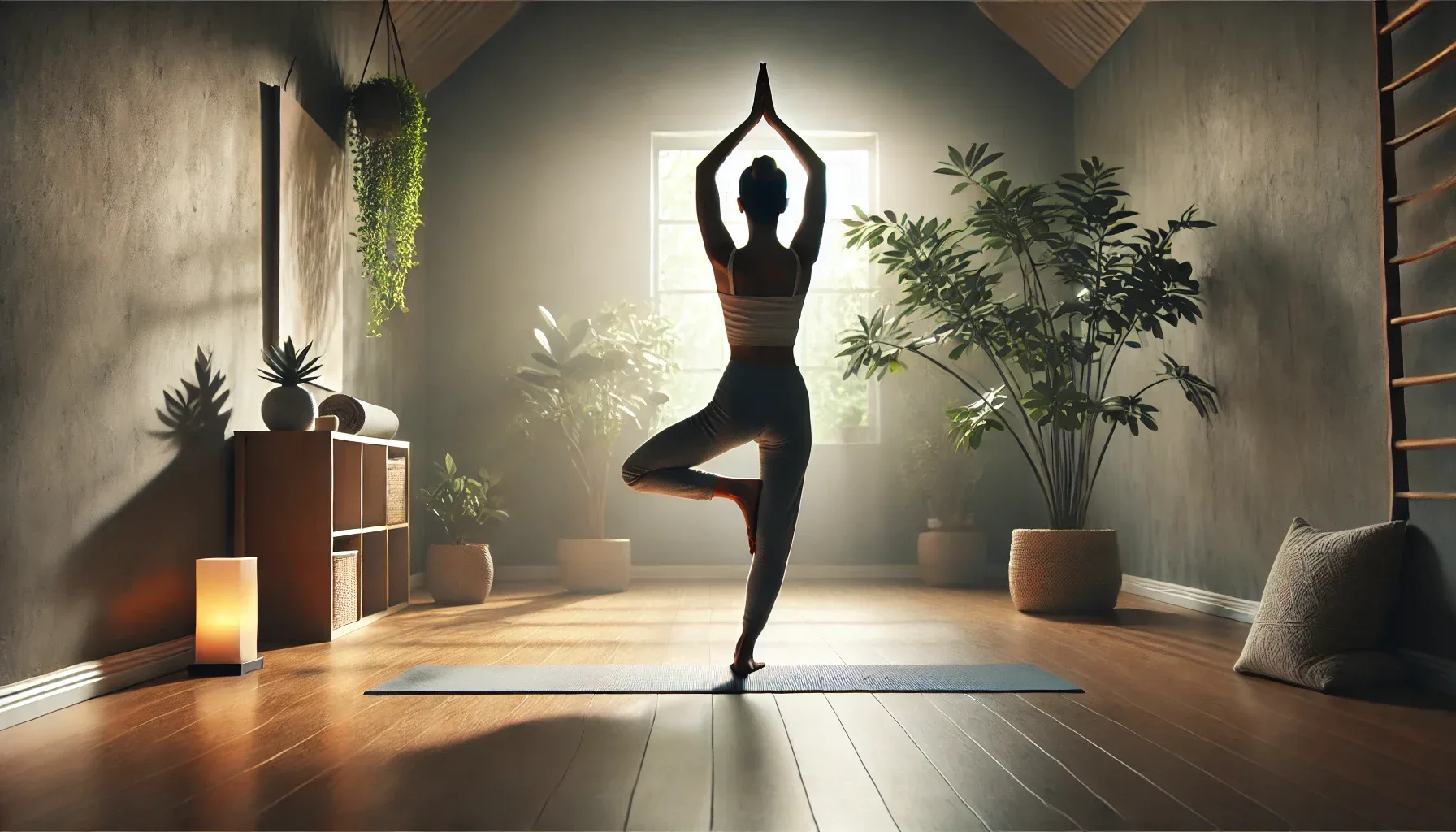 A person practicing Eagle Pose (Garudasana) in a peaceful indoor yoga studio, standing on one leg with arms wrapped in the signature Eagle pose. The individual demonstrates balance, strength, and focus. Soft lighting creates a calm ambiance, and the serene background includes a yoga mat and potted plants, symbolizing strength, flexibility, and concentration. The peaceful atmosphere emphasizes mindfulness and inner strength.