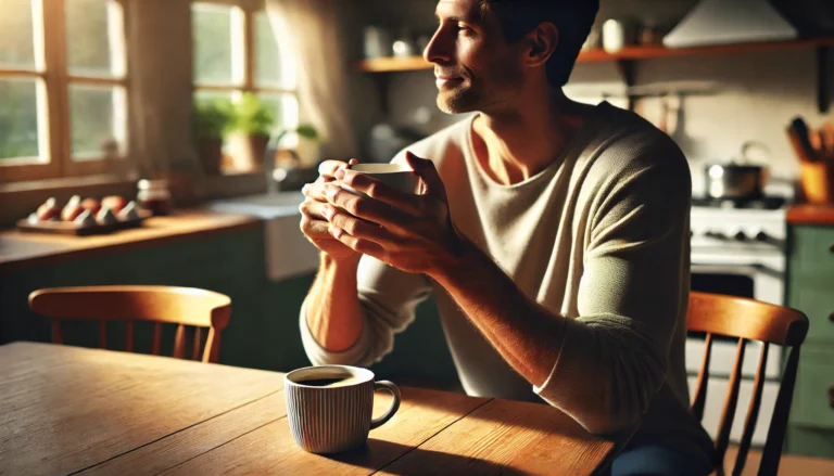 A person enjoying a cup of coffee in a cozy kitchen setting, seated at a table or counter, surrounded by natural light. The person is holding a mug, looking relaxed and energized, symbolizing the positive effects of a morning coffee ritual for boosting energy and wellness. The atmosphere is peaceful and calming, with soft, natural light.