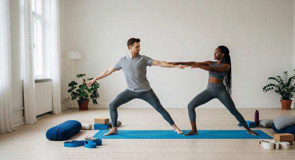 partner doing yoga inside home
