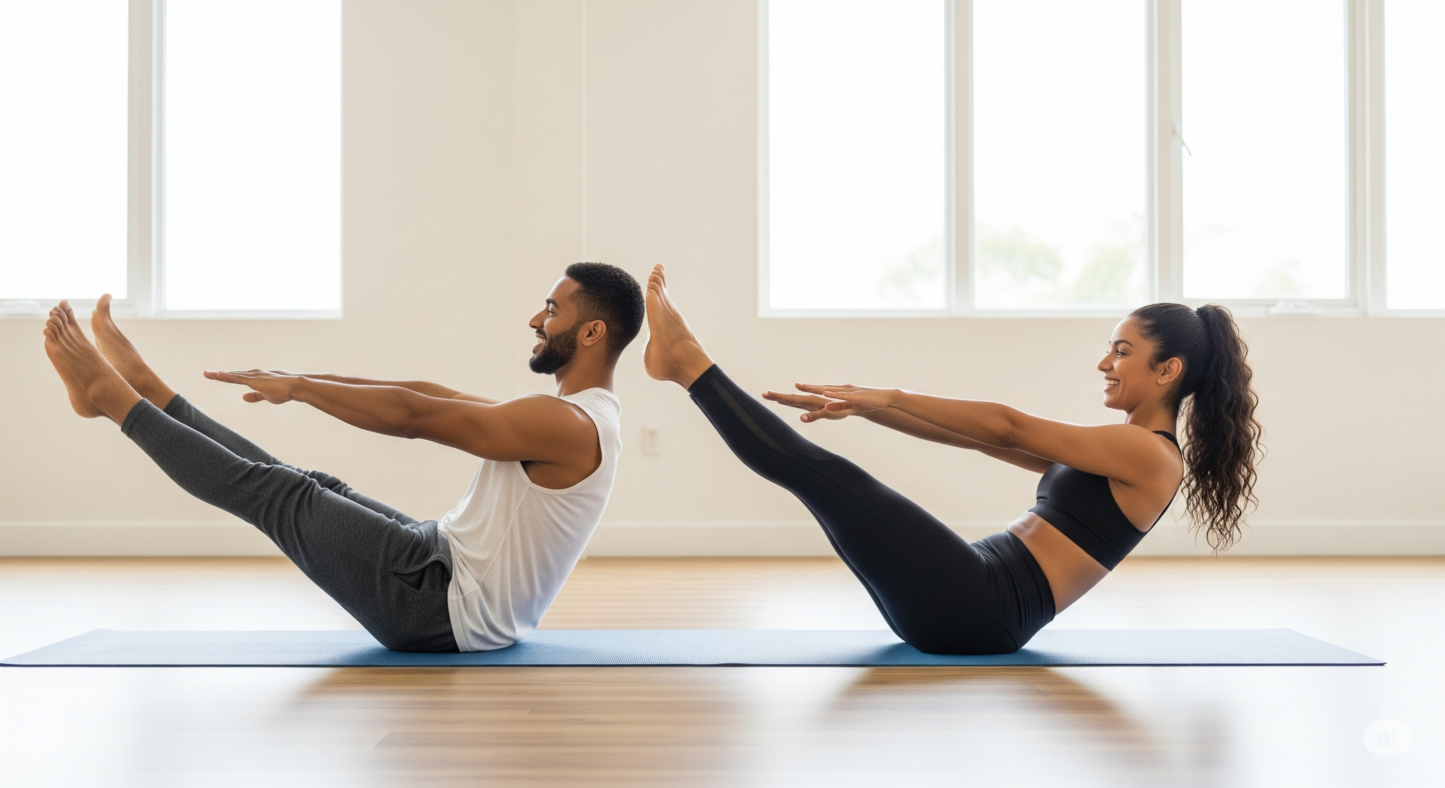 two friends doing boat yoga pose