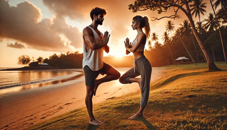 Here are the images of two individuals practicing the Double Tree Pose (partner yoga pose) outdoors, capturing the connection, balance, and bonding aspect of yoga for two. Let me know if you need further adjustments or any other help!