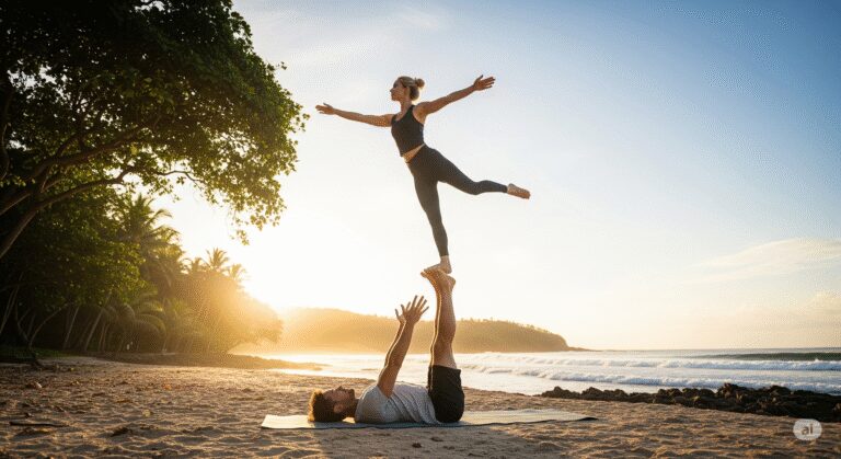A couple performing Front Bird Pose (Acro Yoga Superman pose) in a natural outdoor setting, such as a park or beach, symbolizing the connection and balance inherent in acro yoga. The base is lying on their back with the flyer balanced on their feet in a strong, confident posture, with a serene, sunny backdrop.