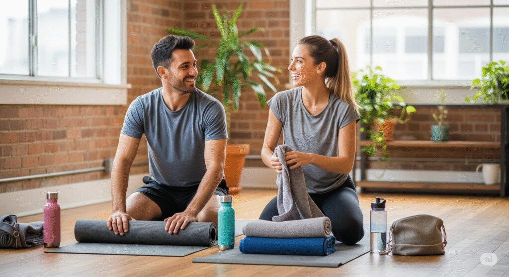 Smiling yoga couple prepping hands, towels and mats near them – casual vibe