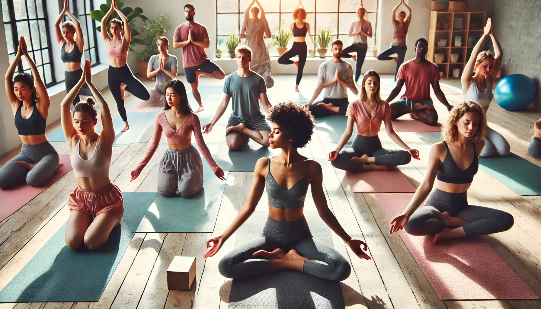 A diverse group of people practicing yoga together in a peaceful setting, such as a bright yoga studio or outdoor space. The group includes individuals of various body types, ages, and backgrounds, each performing simple yoga poses like Child’s Pose, Tree Pose, or a seated position. The atmosphere is calm and inviting, with natural lighting creating a serene environment that reflects the inclusive and personal nature of yoga.
